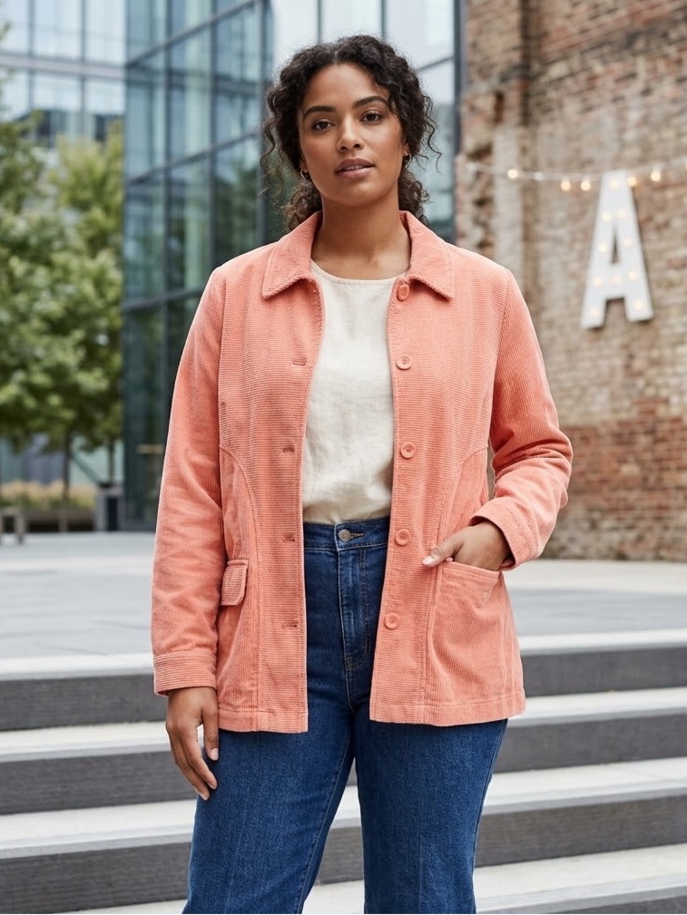 Denim&Co Peach Corduroy Utility Shirt Jacket, Women’s Size Medium, Barn Coat